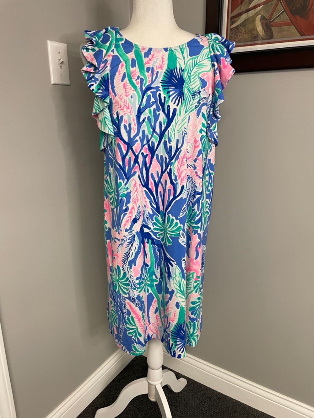 Lilly Pulitzer Esmeralda Midi Dress Jet Stream Size Large Stretch Coral Reef Lg - Picture 1 of 7